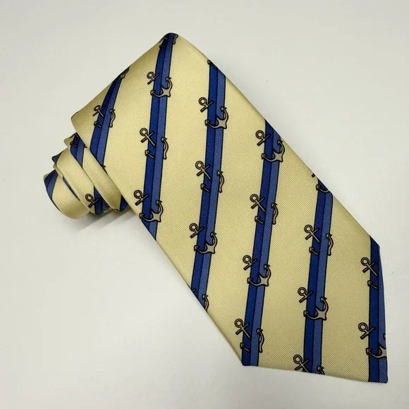 Hermes Men's Tie Nautical Striped Anchors Yellow/Blue Silk 944 IA 3.5 x 53 guc